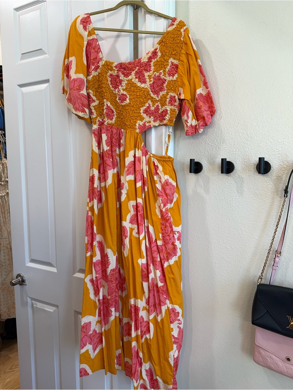 Free People Mustard Yellow Maxi Dress with Pink Floral Print